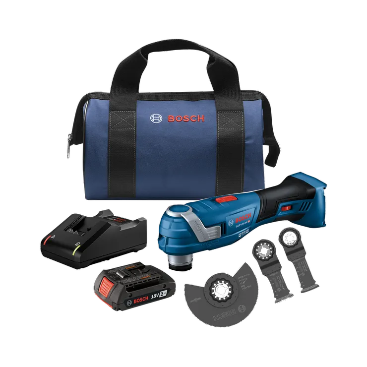 Bosch GOP18V-34 outil multifonction sans fil avec batterie, chargeur, lames et coffret de transport.