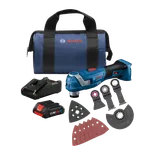 Kit multi-outil sans fil Bosch GOP18V-34, avec chargeur, batterie CORE18V, lames, patin de ponçage et sac.