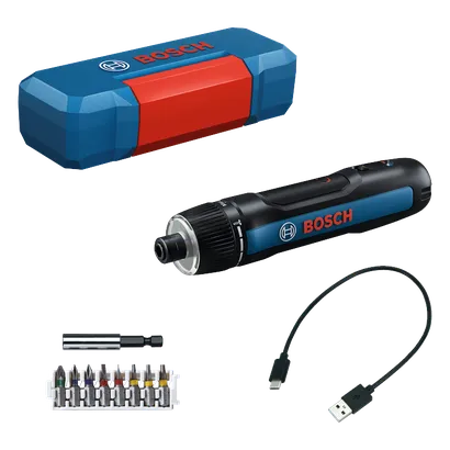 Bosch cordless rechargeable screwdriver GSD4V-35 product image shown with accessories and hard case.