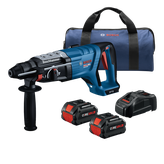 Bosch GBH18V-28DCB28 SDS-plus® Bulldog™ Rotary Hammer Kit shown with two 18V 8 Ah batteries, battery charger and soft bag.