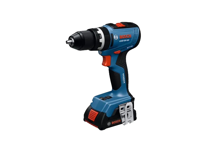 Image produit de la perceuse-visseuse à percussion sans fil Bosch GSB18V-65 avec batterie 2 Ah installée.