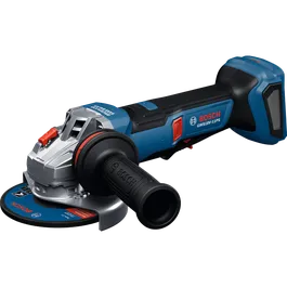 Rectifieuse angulaire Bosch GWS18V-11PS 18 V sans balais de 4-1/2–5 po avec interrupteur à palette non blocable sans batterie sur fond blanc.