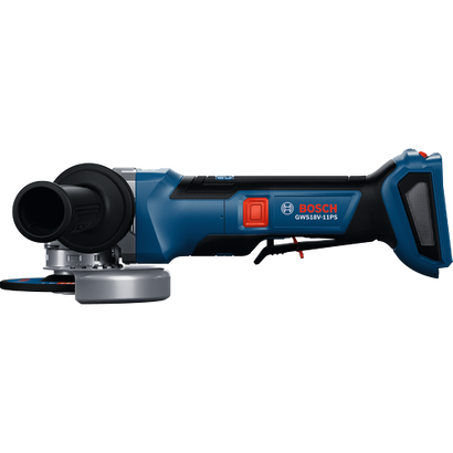 Vue de profil de la rectifieuse angulaire Bosch GWS18V-11PS 18 V sans balais de 4-1/2–5 po avec interrupteur à palette non blocable.