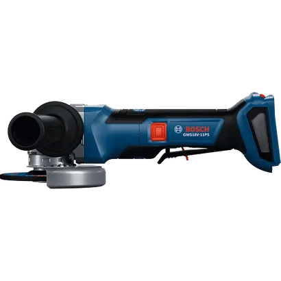 Vue de profil de la rectifieuse angulaire Bosch GWS18V-11PS 18 V sans balais de 4-1/2–5 po avec interrupteur à palette non blocable.