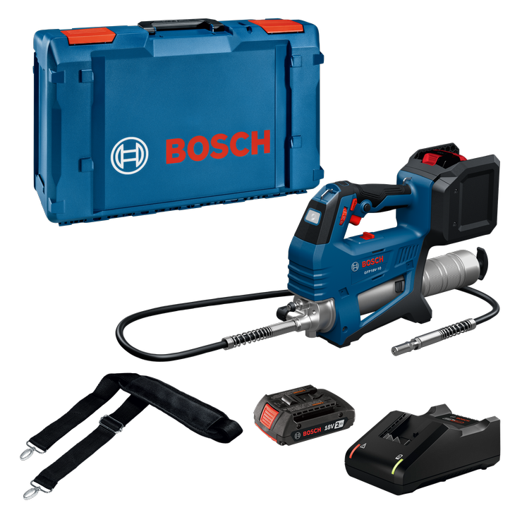 Ensemble pistolet à graisse Bosch GFP18V-10 18 V comprenant (1) batterie lithium-ion 18 V 2 Ah et un chargeur de batterie lithium-ion 18 V GAL18V-21.