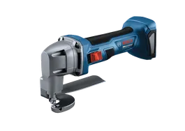 Cisaille à tôle Bosch GSC18V-16E 18 V calibre 16 avec interrupteur coulissant blocable, sur fond blanc.