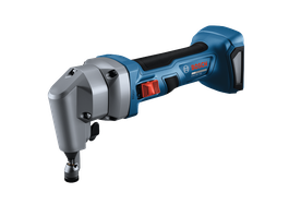 Grignoteuse Bosch GNA18V-16E 18 V calibre 16 avec interrupteur coulissant blocable, sur fond blanc.