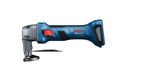 The Bosch GSC18V-16E 18V 16-Gauge Metal Shear with Lock-On Slide Switch on a white background.