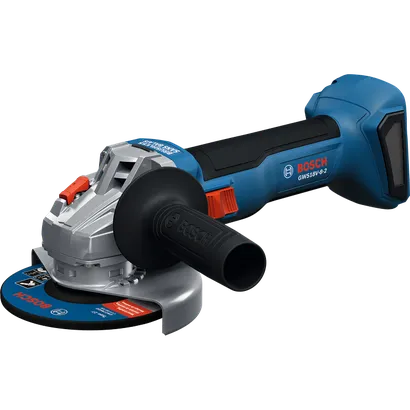 Rectifieuse angulaire Bosch GWS18V-8-2 18 V X-LOCK sans balais 4-1/2 po avec interrupteur coulissant, sans batterie, en vue dynamique.