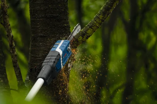 Close-up image of Bosch GKE18V-25TP 18V 10 In. Pole Chainsaw being used to cut small tree branches.