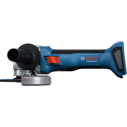 Rectifieuse angulaire Bosch GWS18V-8-2 18 V X-LOCK sans balais 4-1/2 po avec interrupteur coulissant, sans batterie, en vue de profil.