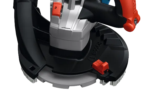 Meuleuse pour surfaçage Bosch GBR18V-15S, 5 po, avec gros plan sur le capot, l’avant et le dessus de la meuleuse.