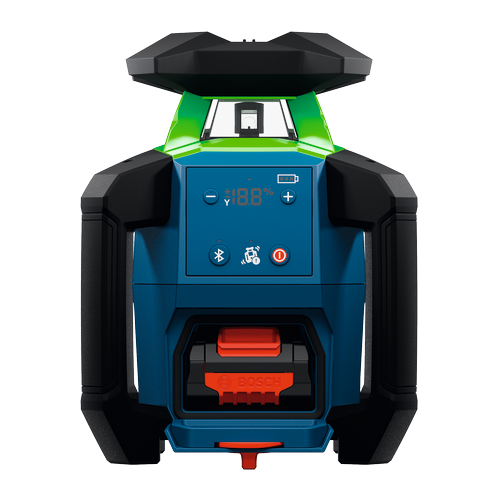 Image produit en vue de face du laser rotatif horizontal/vertical à faisceau vert Bosch GRL18V-4-34CVG 18 V sur fond blanc.