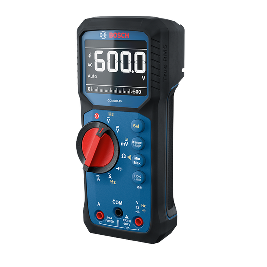 Image produit du multimètre numérique Bosch GDM600-15 avec l’écran allumé en vue isométrique sur fond blanc.