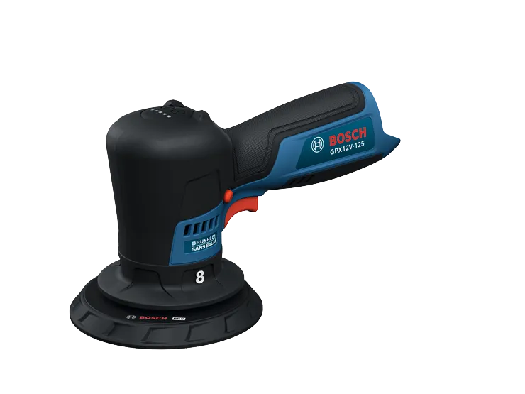 Image produit en vue dynamique de la polisseuse automobile sans fil Bosch GPX12V-125, sur fond blanc.