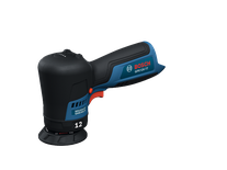 Image produit en vue dynamique de la polisseuse automobile sans fil Bosch GPX12V-77 12 V, sur fond blanc.
