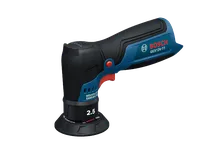 Image produit en vue dynamique de la ponceuse automobile sans fil Bosch GEX12V-77 12 V, sur fond blanc.