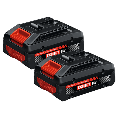 Batteries Bosch EXBA18V-40 EXPERT 18 V lithium-ion 4 Ah haute puissance, lot de 2, présentées sur fond blanc.
