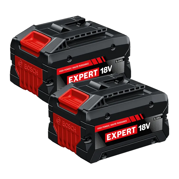 Batterie Bosch EXBA18V-60-2PK EXPERT 18 V lithium-ion 6 Ah haute puissance, lot de 2, en image produit dynamique.
