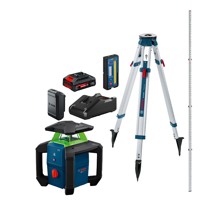 Image de l’ensemble laser rotatif horizontal à faisceau vert Bosch GRL18V-31K 18 V avec batterie, chargeur et trépied.