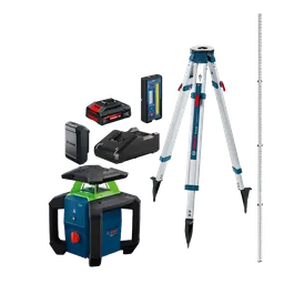 Image de l’ensemble laser rotatif horizontal à faisceau vert Bosch GRL18V-31K 18 V avec batterie, chargeur et trépied.