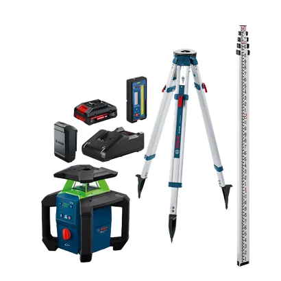 Image de l’ensemble laser rotatif horizontal/vertical à faisceau vert Bosch GRL18V-34K 18 V avec batterie, chargeur et trépied.