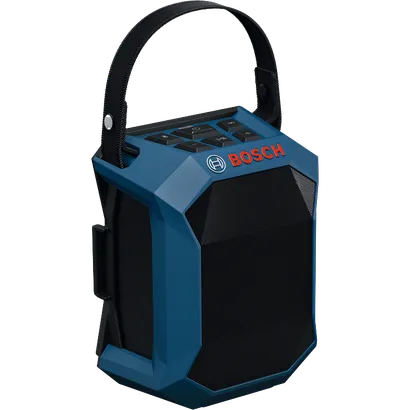 Image produit dynamique du haut-parleur Bluetooth® de chantier 18 V Bosch GPB18V-1CN sur fond blanc.