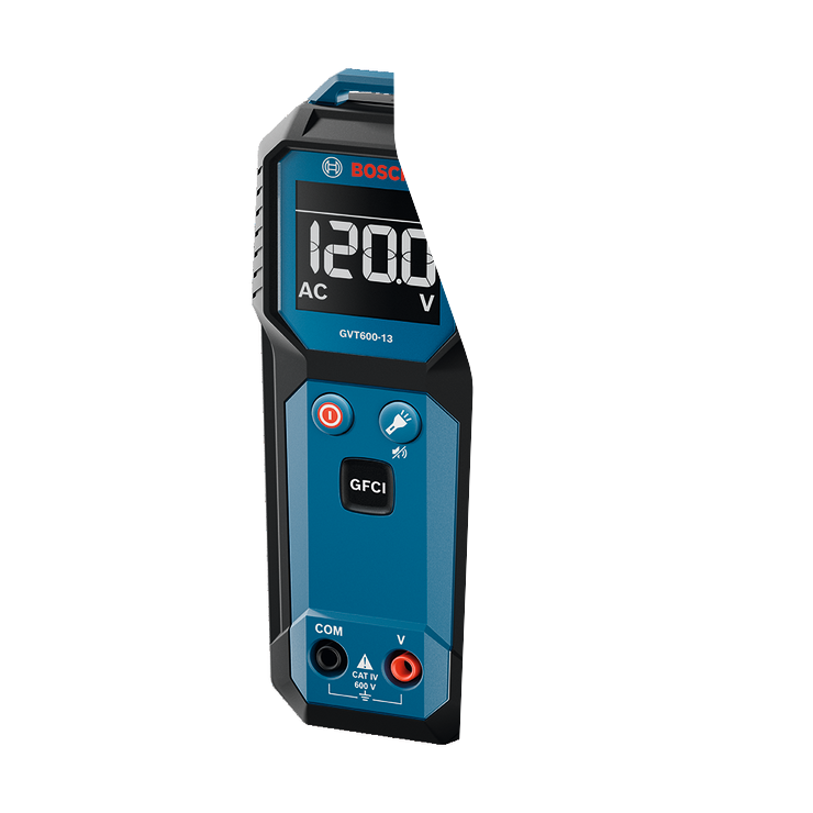 Image produit du testeur de tension par contact Bosch GVT600-13 avec écran allumé sur fond blanc.