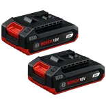 Vue isométrique sur fond blanc de deux batteries Bosch GBA18V-20-2PK 18 V PRO Lithium-ion 2 Ah.