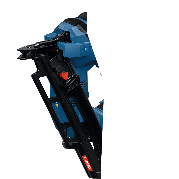 Image produit dynamique du cloueur de charpente sans balais Bosch EXNH18V-90MDN 18 V à angle de 30 degrés sur fond blanc.