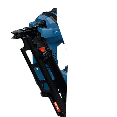 Image produit dynamique du cloueur de charpente sans balais Bosch EXNH18V-90MDN 18 V à angle de 30 degrés sur fond blanc.