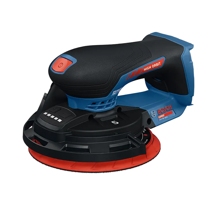 Image produit dynamique de la ponceuse excentrique (3/16 po) Bosch EXEX18V-150-5N 18 V de 6 po sur fond blanc.