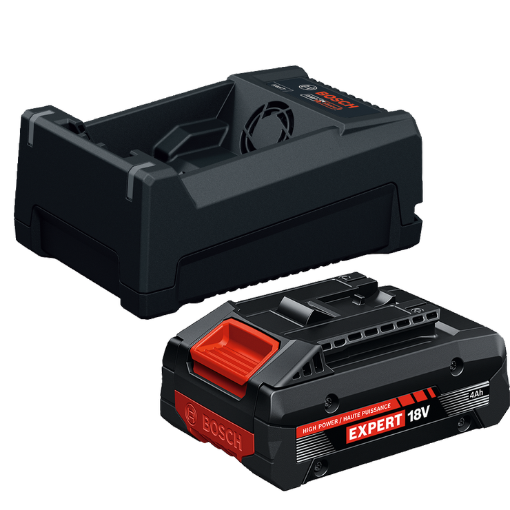 Image dynamique du kit de départ Bosch GXS18V-25N14X 18 V avec batterie Expert High Power 18 V et chargeur rapide multi-tension.