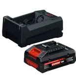 Image dynamique du kit de départ Bosch GXS18V-25N14X 18 V avec batterie Expert High Power 18 V et chargeur rapide multi-tension.