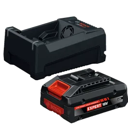 Image dynamique du kit de départ Bosch GXS18V-25N14X 18 V avec batterie Expert High Power 18 V et chargeur rapide multi-tension.