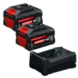 Image dynamique du kit de départ Bosch GXS18V-26N26X 18 V avec deux batteries Expert 6 Ah et chargeur rapide multi-tension 12 V/18 V sur fond blanc.
