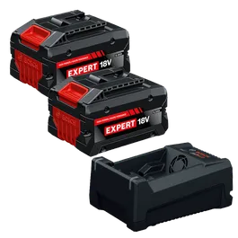 Image dynamique du kit de départ Bosch GXS18V-26N26X 18 V avec deux batteries Expert 6 Ah et chargeur rapide multi-tension 12 V/18 V sur fond blanc.