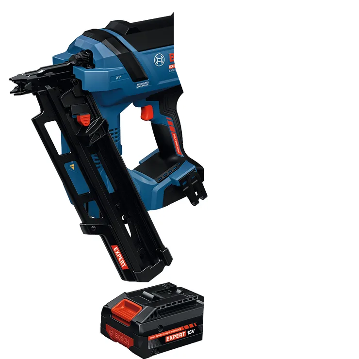Image dynamique de l’ensemble cloueur de charpente EXPERT Bosch EXNH18V-90MRB14 sur fond blanc.