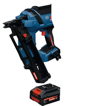 Image dynamique de l’ensemble cloueur de charpente EXPERT Bosch EXNH18V-90MRB14 sur fond blanc.
