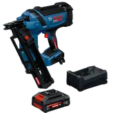 Image dynamique de l’ensemble cloueur de charpente EXPERT Bosch EXNH18V-90MRB14 sur fond blanc.