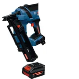 Image dynamique de l’ensemble cloueur de charpente EXPERT Bosch EXNH18V-90MRB14 sur fond blanc.