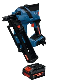 Image dynamique de l’ensemble cloueur de charpente EXPERT Bosch EXNH18V-90MRB14 sur fond blanc.