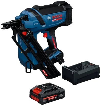Image dynamique de l’ensemble cloueur de charpente EXPERT Bosch EXNH18V-90MDB14 sur fond blanc.