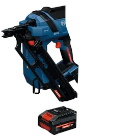 Image dynamique de l’ensemble cloueur de charpente EXPERT Bosch EXNH18V-90MDB14 sur fond blanc.
