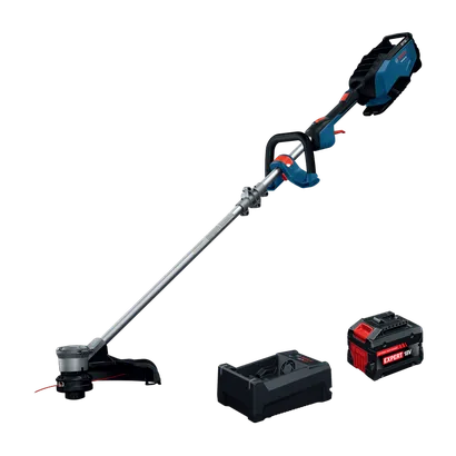 The Bosch GRT18V-40N18X 18V String Trimmer Kit w/ 8Ah Battery & 12V/18V Charger in the product image dynamic.