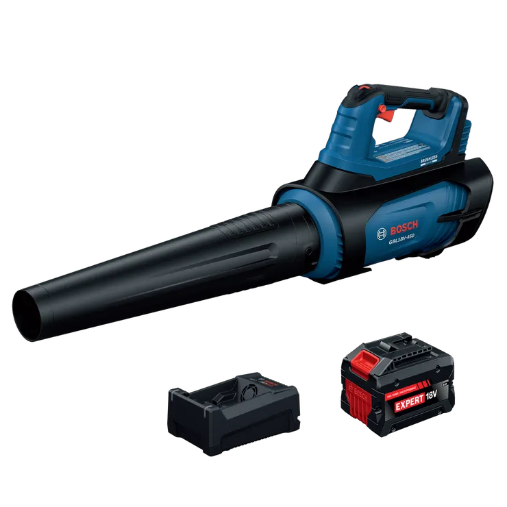 Bosch GBL18V-450N18X PROFACTOR™ 18V Blower (Kit) showing the blower, charger and 18V Expert 8 Ah battery.