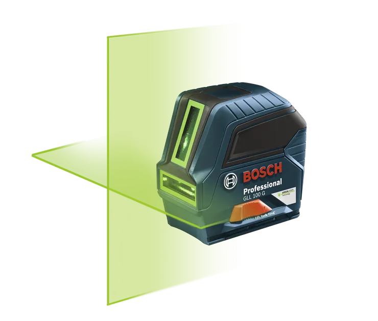 Product Image Dynamic of Bosch GLL 100 G Green-Beam Self-Leveling Cross-Line Laser on a white background.