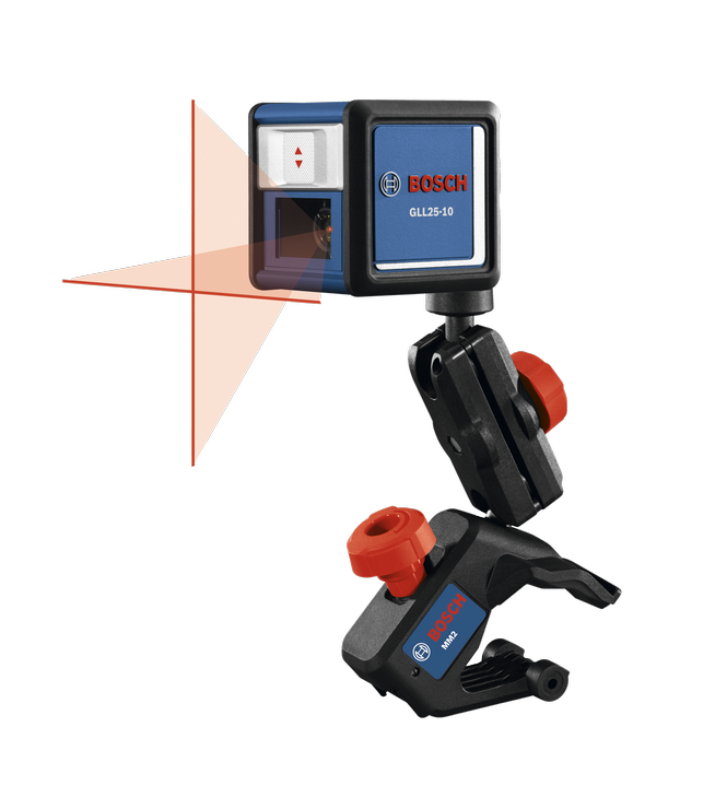 Product Image Dynamic of Bosch GLL25-10 Self-Leveling Cross-Line Laser and MM2 on a white background.