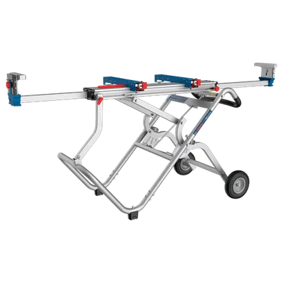 Product Image Dynamic of Bosch T4B Gravity-Rise Miter Saw Stand with Wheels on a white background.