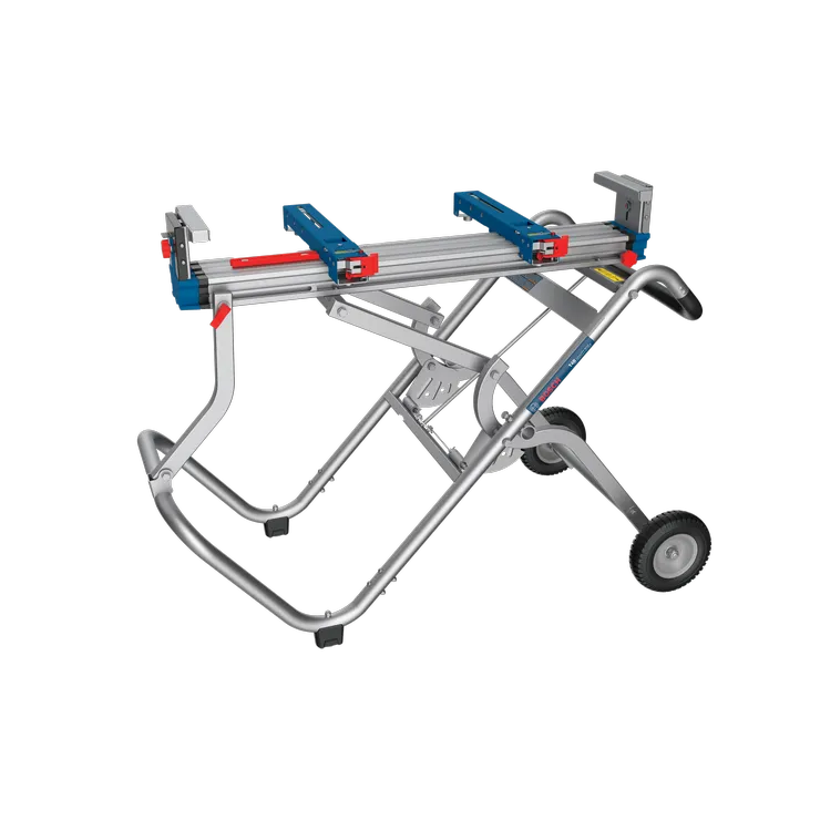 Product Image Dynamic of Bosch T4B Gravity-Rise Miter Saw Stand with Wheels on a white background.